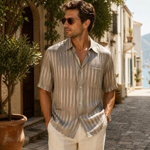 Bruno Silk Button Down Shirt Mens Size L Gray Chevron Geometric Italan Luxury